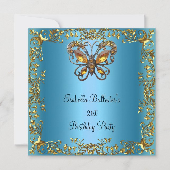 Birthday Party 21st Butterfly Teal Blue Gold Invitation (Front)