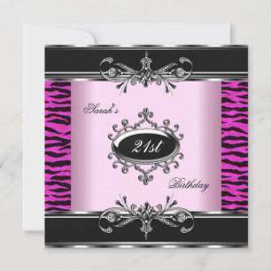 Birthday Party 21st Zebra Black White Pink Silver Invitation