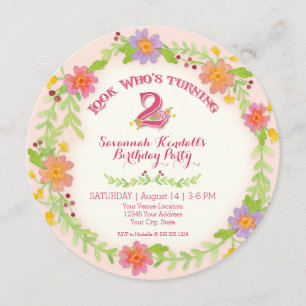 Birthday Party 2 Years Old Girl, Watercolor Floral Invitation