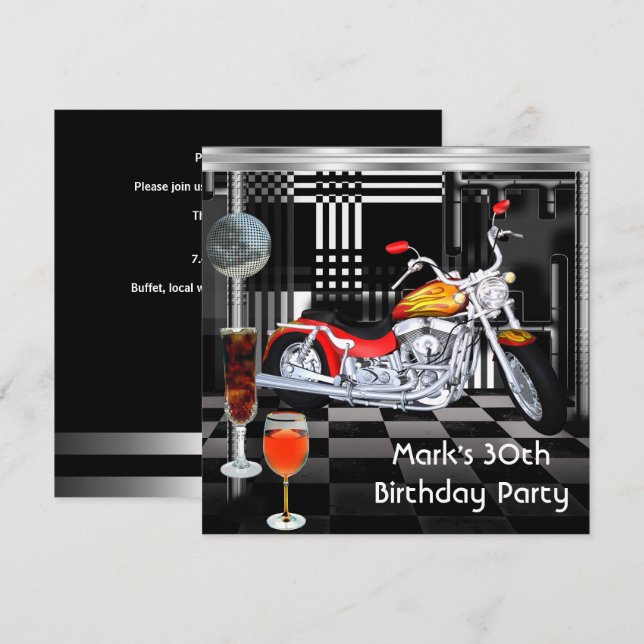 Birthday Party 30th Mens Bike Drinks Black White Invitation (Front/Back)
