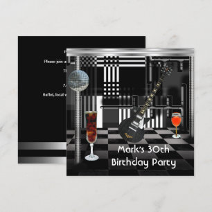 Birthday Party 30th Mens Guitar Drinks Black White Invitation