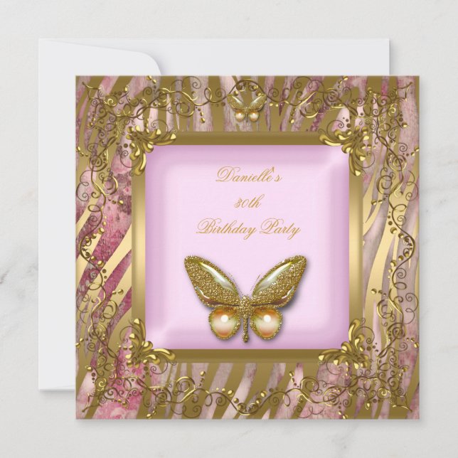 Birthday Party 30th Pink Gold Zebra Butterfly Invitation (Front)