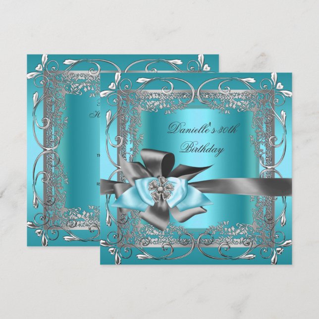 Birthday Party 30th Teal Blue Silver Grey Bow Invitation (Front/Back)
