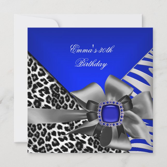 Birthday Party 30th Zebra Leopard Blue Black Invitation (Front)