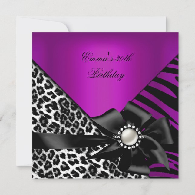 Birthday Party 30th Zebra Leopard Purple Pink Plum Invitation (Front)