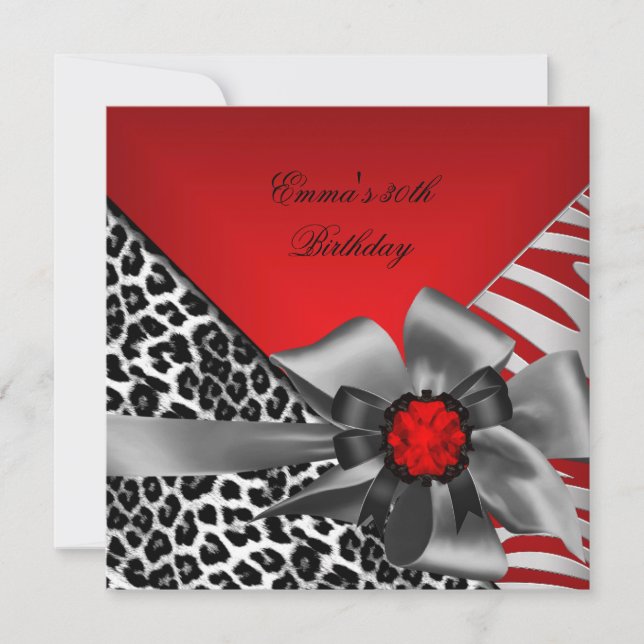 Birthday Party 30th Zebra  Leopard Red Black Invitation (Front)