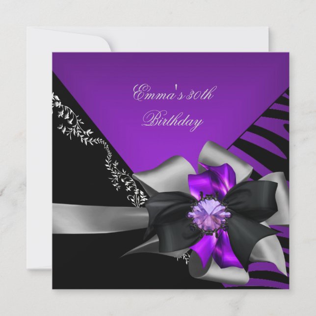 Birthday Party 30th Zebra Purple Black Silver Grey Invitation (Front)
