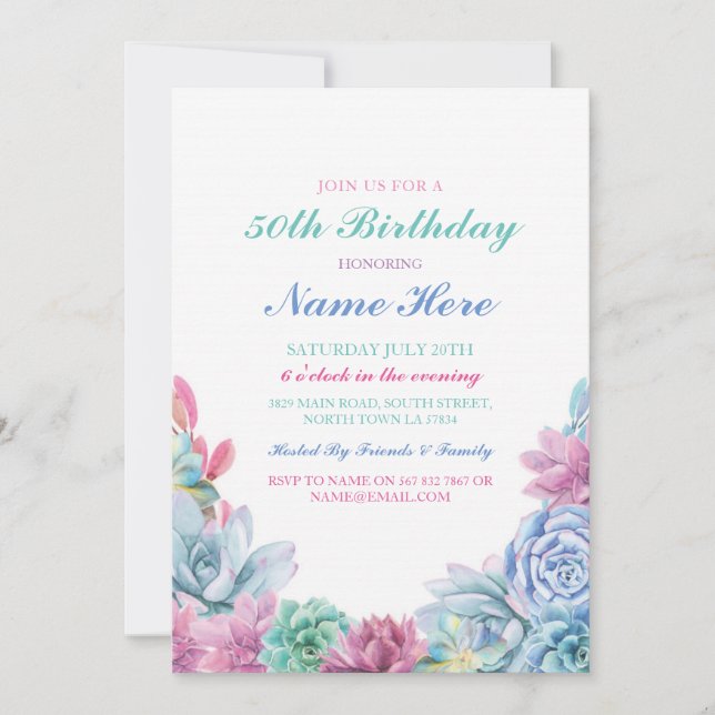 Birthday Party 40th 50th Pastels Succulents Invite (Front)