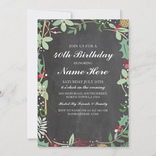 Birthday Party 40th 50th Rustic ChalK Berry Invite (Front)