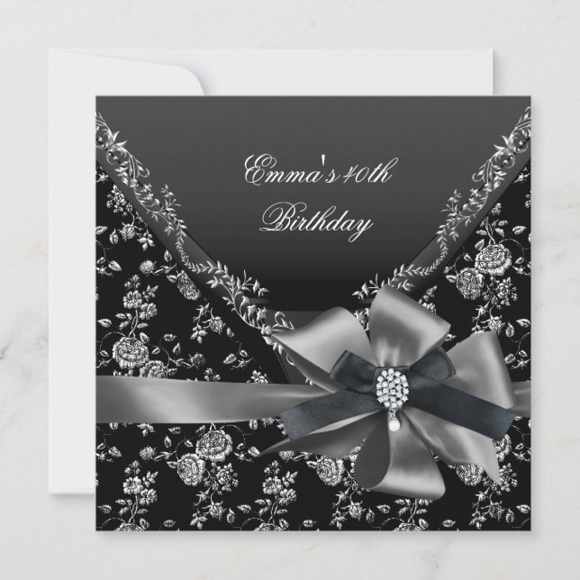 Birthday Party 40th Black White Silver Damask Invitation (Front)