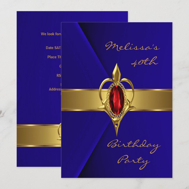 Birthday Party 40th Blue Faux Velvet Red gold Gem Invitation (Front/Back)