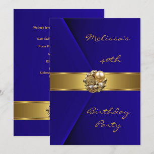 Birthday Party 40th Blue Velvet gold pearl jewel Invitation
