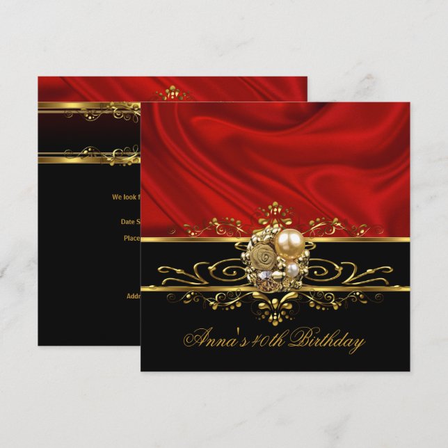 Birthday Party 40th Red Silk Gold Black Stripe Invitation (Front/Back)