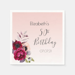 Birthday party 50 burgundy rose gold florals napkin