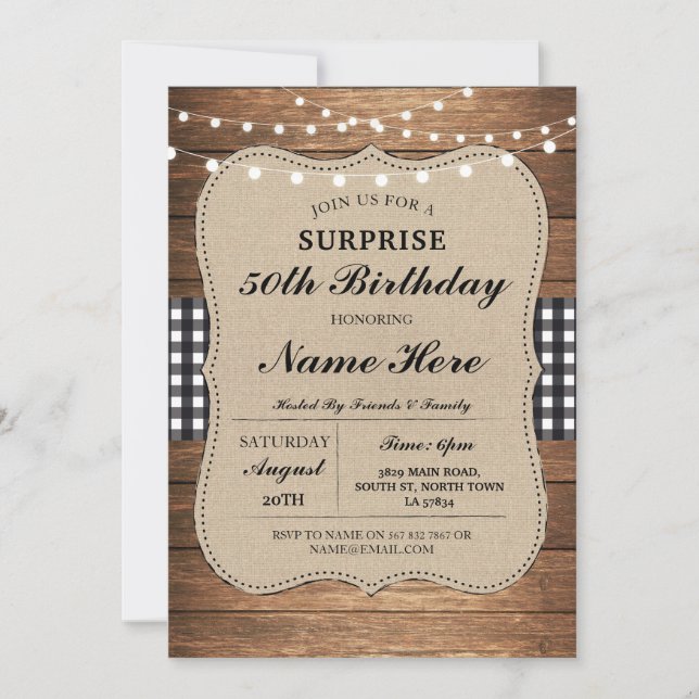 Birthday Party 50th Check Rustic Wood Black White Invitation (Front)