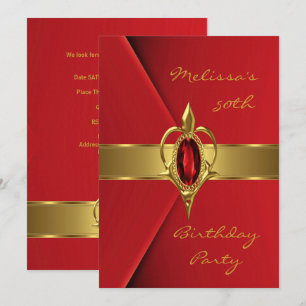Birthday Party 50th Faux Velvet Red Pearl gold Invitation