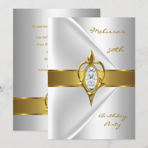 Birthday Party 50th Silk White Diamond gold jewel Invitation