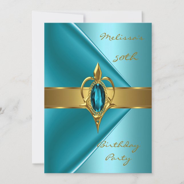 Birthday Party 50th Velvet Teal Pearl gold jewel Invitation (Front)