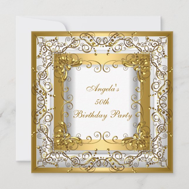 Birthday Party 50th White Gold Floral Invitation (Front)