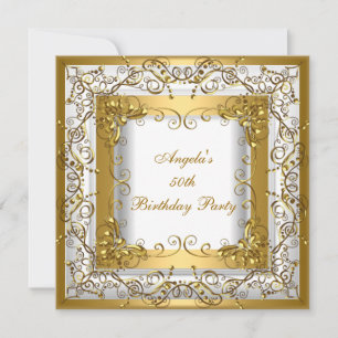 Birthday Party 50th White Gold Floral Invitation