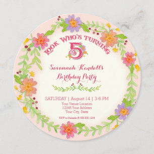 Birthday Party 5 Years Old Girl, Watercolor Floral Invitation