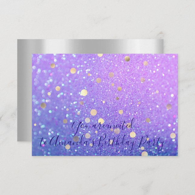Birthday Party Abstract Blue Purple Glitter Invitation (Front/Back)