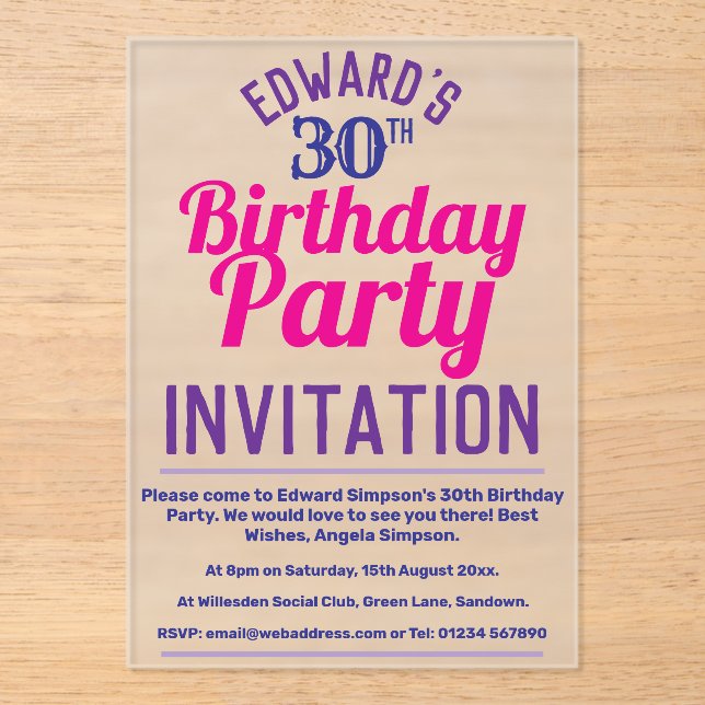 Birthday Party Acrylic Invitations (Front)