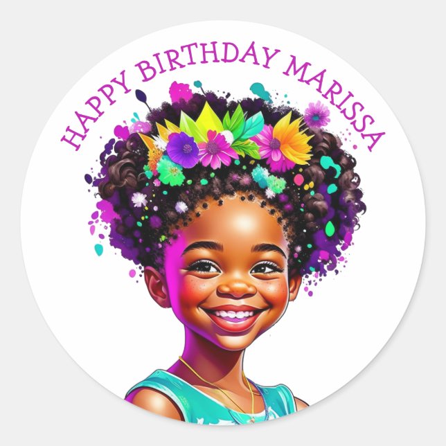 Birthday Party African-American Girl Personalised Classic Round Sticker (Front)
