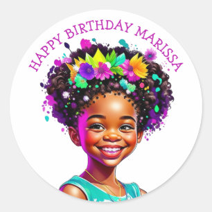 Birthday Party African-American Girl Personalised Classic Round Sticker