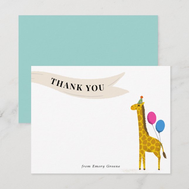 Birthday Party Animal Giraffe Thank You Note Card (Front/Back)