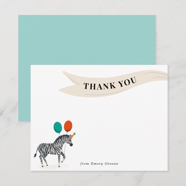 Birthday Party Animal Zebra Thank You Note (Front/Back)