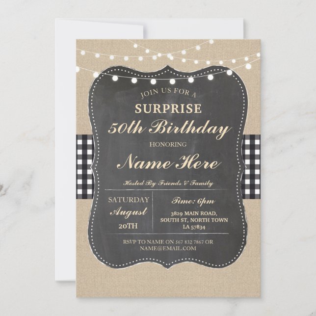 Birthday Party Any Age Rustic Burlap Black White Invitation (Front)