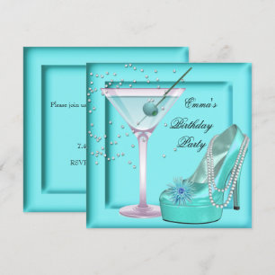 Birthday Party Aqua Teal Blue Turquoise Martini Invitation