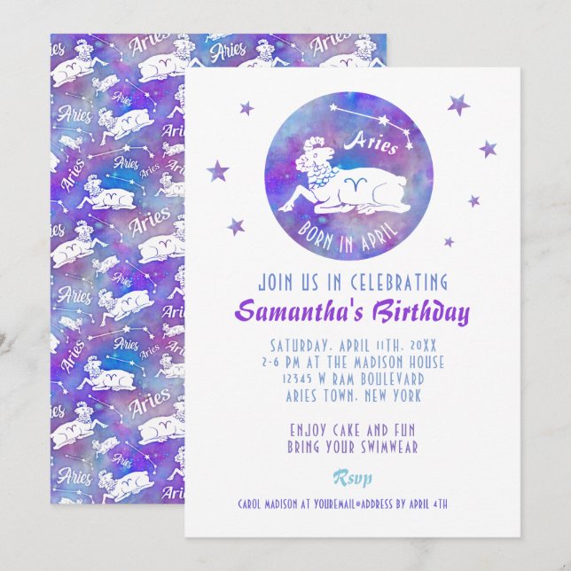 Birthday Party Aries Ram Constellation Stars Invitation (Front/Back)