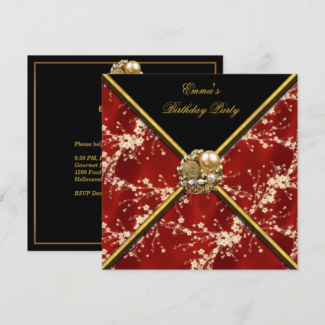 Birthday Party Asian Red Gold Black Blossom Invitation (Front/Back)