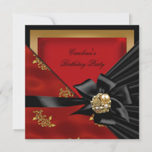 Birthday Party Asian Red Gold Black Bow Invitation