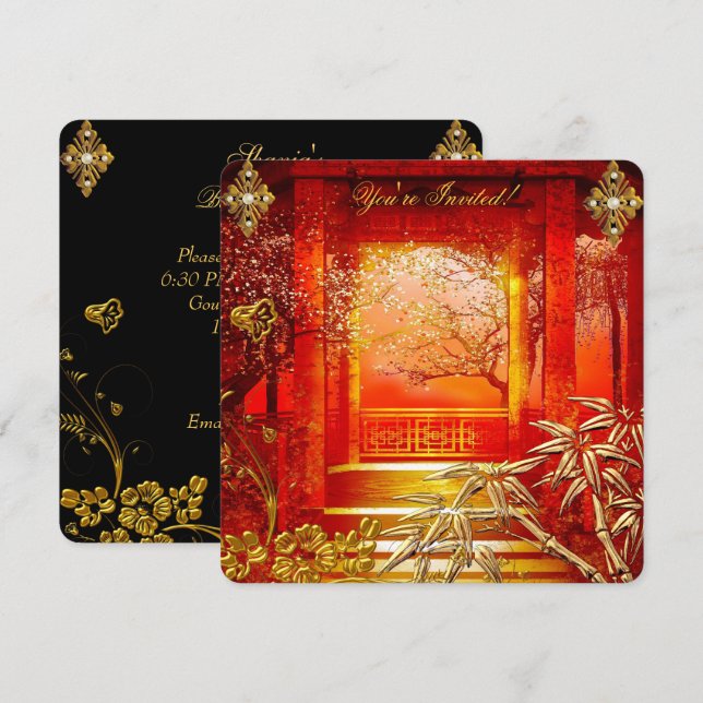 Birthday Party Asian View Gold Bamboo Red Invitation (Front/Back)