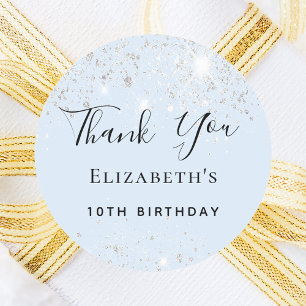 Birthday party baby blue silver glitter Thank You Classic Round Sticker
