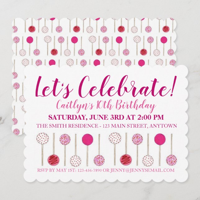 Birthday Party Baby Bridal Shower Pink Cake Pops Invitation (Front/Back)