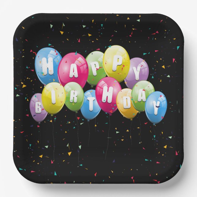 Birthday Party Balloons and Confetti Paper Plate (Front)