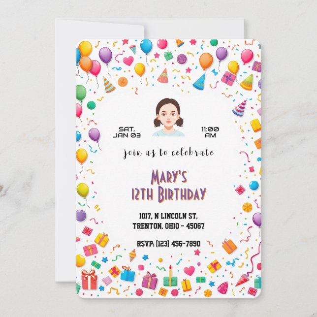 Birthday Party Balloons and Gifts Personalised Invitation (Front)