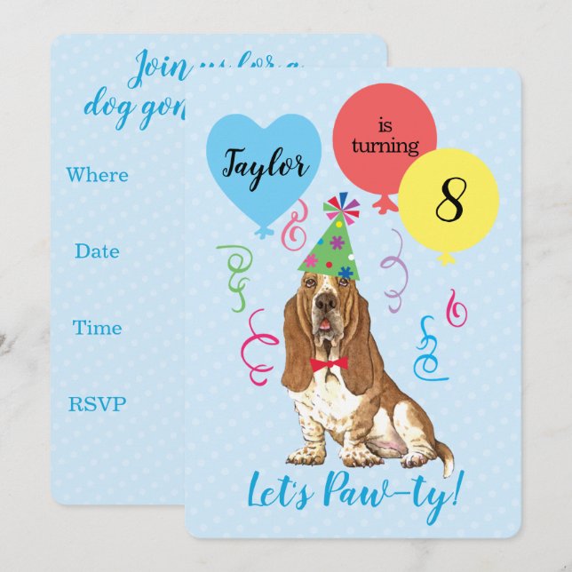 Birthday Party Balloons Basset Hound Invitation (Front/Back)
