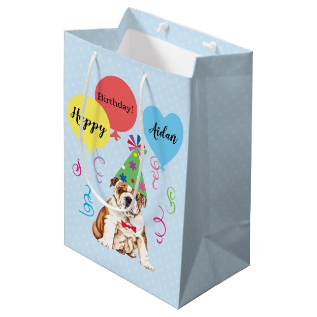 Birthday Party Balloons Bulldog Medium Gift Bag (Front Angled)
