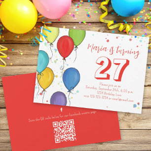 Birthday Party Balloons Confetti QR Code Facebook Invitation