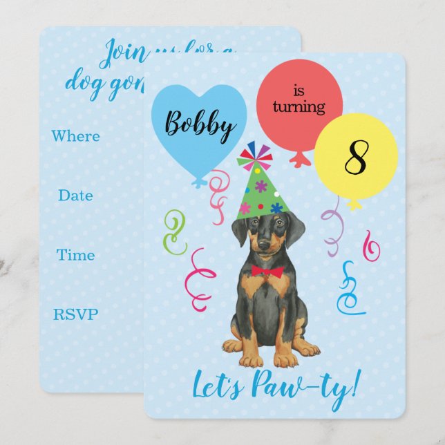 Birthday Party Balloons Doberman Invitation (Front/Back)