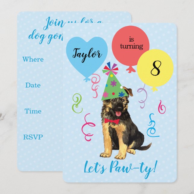 Birthday Party Balloons German Shepherd Invitation (Front/Back)