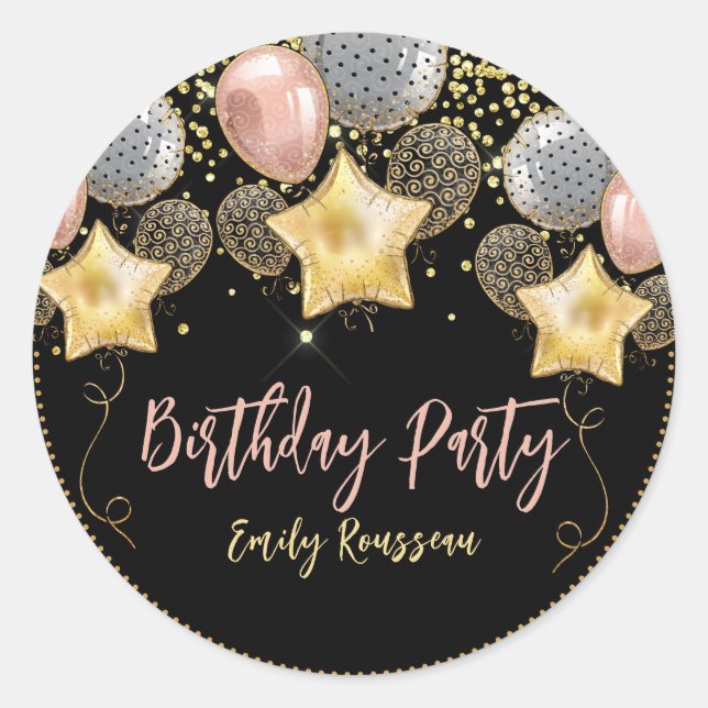 Birthday Party Balloons Gold Glitter Balloon Black Classic Round Sticker (Front)