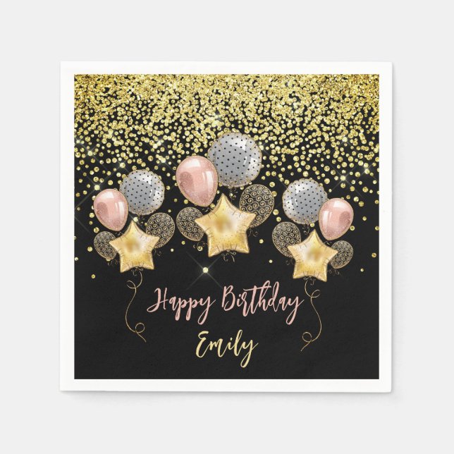 Birthday Party Balloons Gold Glitter Balloon Black Napkin (Front)