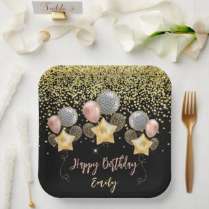 Birthday Party Balloons Gold Glitter Balloon Black Paper Plate