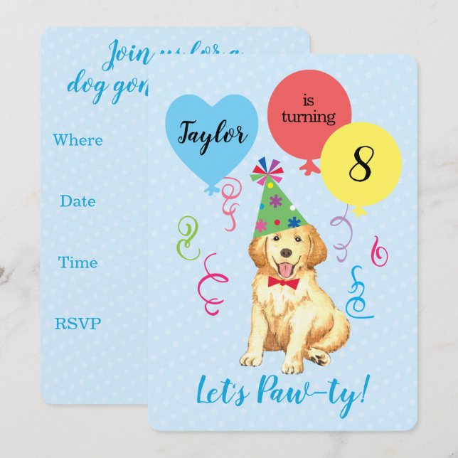 Birthday Party Balloons Golden Retriever Invitation (Front/Back)